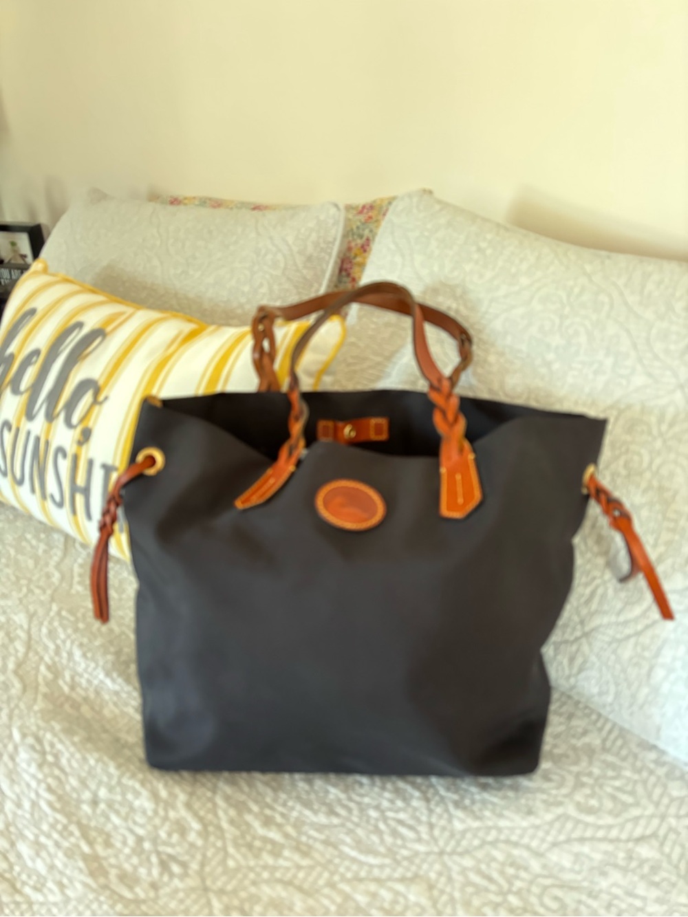 Dooney & Bourke Black Tote with Brown Leather Handles